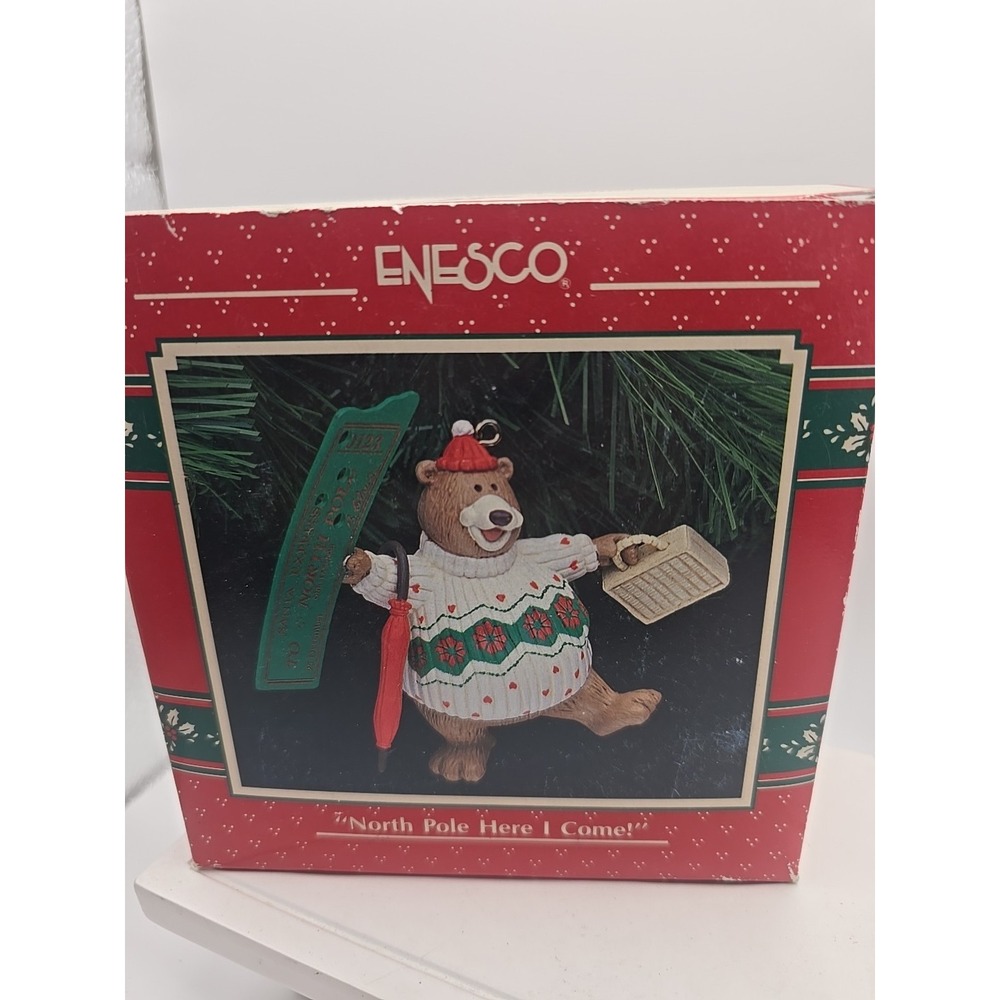 ENESCO CHRISTMAS ORNAMENT: NORTH POLE HERE I COME!  1990 BEAR‎ ON HIS WAY!